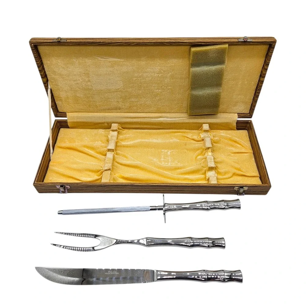 VTG Eldan 3 Pc Carving Set Bamboo Handle Design Stainless Steel Japan with Box